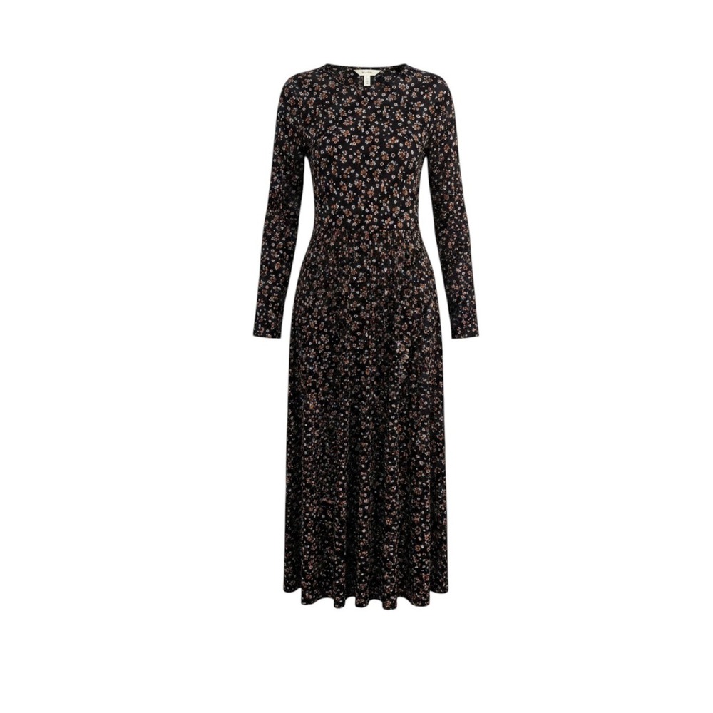 Boden‎ Crew Neck Jersey Midi Dress 10R Black Floral Ditsy Long Sleeve